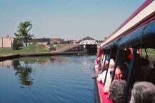 BCN Main Line. Canteliver footbridge Tipton factory bottom lock. 28/05/1978 [As seen from Trip Boat]