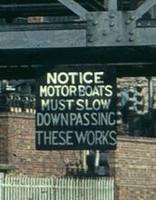 Notice at Wolverhamton Power Station, Birmingham Canal Navigations Main Line, July 1980