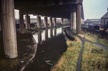 Overflow weir, and M5, looking towards Tipton from Blakeley Hall Bridge, Old Main Line. (WV-019-006). 1975