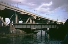M5 and railway bridges at Stewart Aqueduct, Spon Lane, Birmingham Canal Navigations Old Main Line, Mar 1971