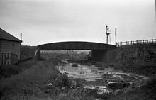 Railway Bridge before Bloomfield Basins viewed from Bloomfield Road, Wednesbury Oak Loop, 14/06/65