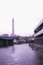 View along Hospital Pound from above Barkers Bridge towards Farmers Bridge Bottom Lock, Birmingham & Fazeley Canal, Aug 1966