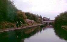Day boat being bow-hauled below Rushall Lock 3, Rushall Canal, 1966
