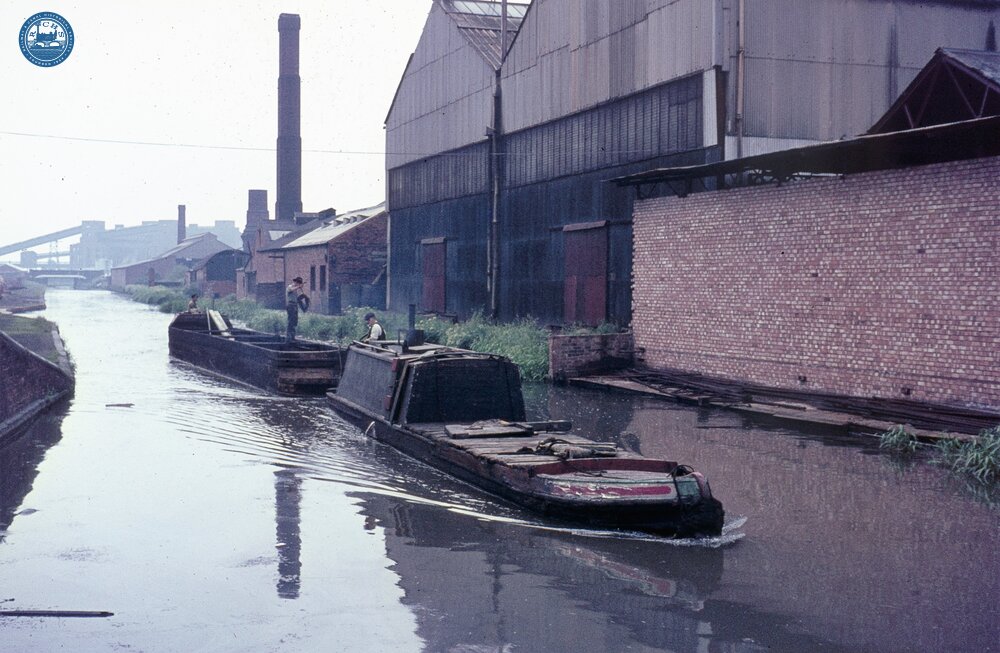 Tug JUDITH ANNE & dayboat approaching Bridgeman St Bridge, Walsall Canal, Birmingham Canal Navigations, 1966