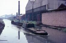 Tug JUDITH ANNE & dayboat approaching Bridgeman St Bridge, Walsall Canal, Birmingham Canal Navigations, 1966