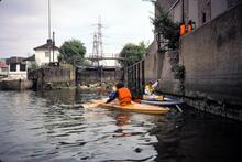 Lea Navigation. Back Rivers. Canoes at City Road Lock. 1980
