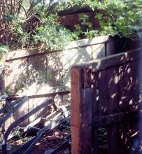 Interior of stable at Calcutt Top Lock, showing WNC initials. June 1991