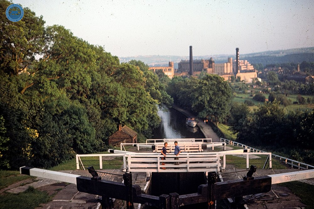 Leeds & Liverpool Canal. Bingley. Five Rise Locks. Looking down the locks and over the town