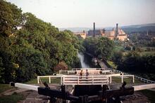 Leeds & Liverpool Canal. Bingley. Five Rise Locks. Looking down the locks and over the town