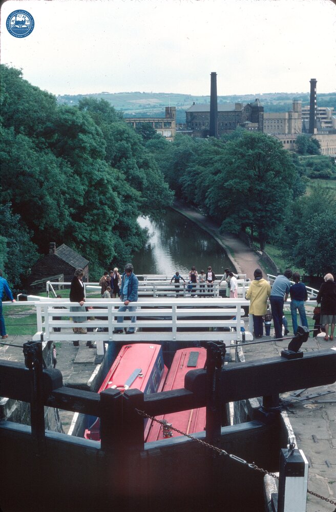 Leeds & Liverpool Canal, Bingley, Five Rise locks, from the top lock. 1980