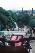 Leeds & Liverpool Canal, Bingley, Five Rise locks, from the top lock. 1980