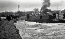 Leeds & Liverpool Canal. Gargrave. Icebreaking with steam tug No 57 on summit level. circa 1905.