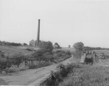 Hollinwood Branch. Looking north from the aqueduct over the River Medlock. August 1959