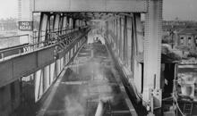 Barges leaving Barton Swing Aqueduct. 12/10/1958