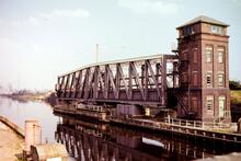 Barton Swing Aqueduct over the Manchester Ship Canal. 'The tank' on the island. 17 May 1980