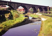 Bury, Daisyfield Viaduct (CPI2 @ 13m 64ch) crossing over the Manchester, Bolton & Bury Canal and River Irwell. 08 June 1975