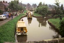 Two boats passing between Locks 15 & 16 or the Marple flight. 22 June 1986