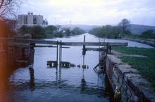 Ulverston Canal Sea Lock, derelict inner gates, from Canal Bank. 10 May 1986