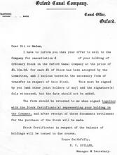 Oxford Canal Company proforma letter, undated, regarding sale of stock in the Oxford Canal Co