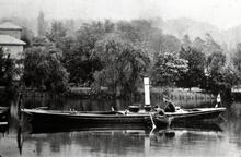 Black Angel, Peter Williams steam launch, on Thames at Thames Ditton. Peter Willans on board. 1876. (From Steam on Canals Sub-Collection) 