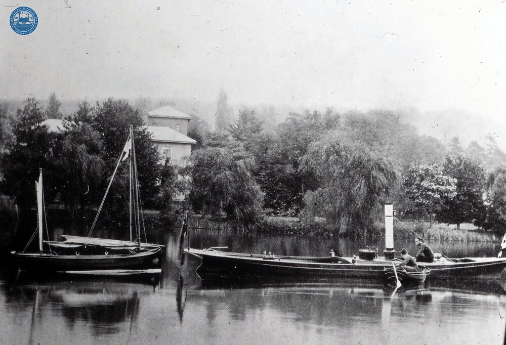 Black Angel, Peter Williams steam launch, on Thames at Thames Ditton. Peter Willans on board. 1876. (From Steam on Canals Sub-Collection) 