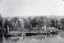 Black Angel, Peter Williams steam launch, on Thames at Thames Ditton. Peter Willans on board. 1876. (From Steam on Canals Sub-Collection) 