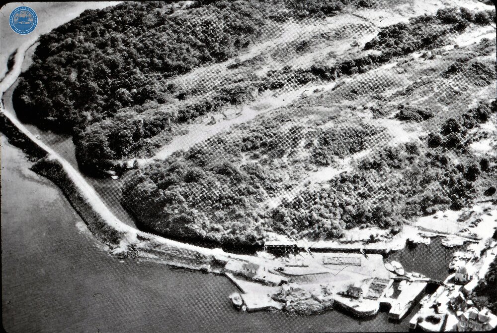 Aeriel photograph showing sea lock and basin at Crinan. 1964