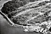 Aeriel photograph showing sea lock and basin at Crinan. 1964