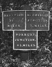 Milepost 'Autherley Junction 7 miles' in Lapley Wood Cutting (1973)  