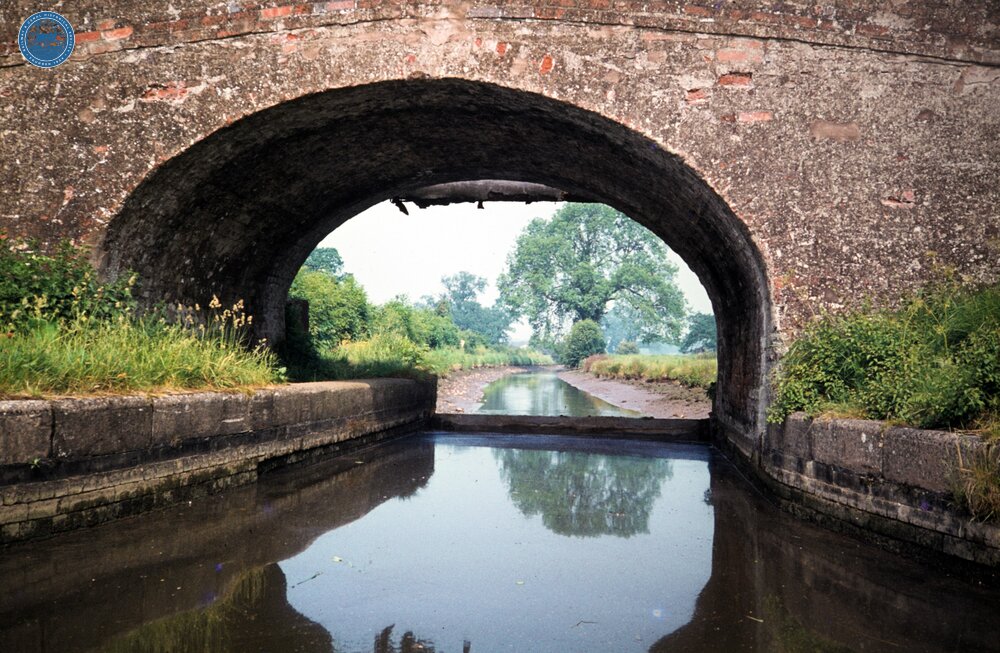 Llangollen Canal. Between Maestermyn and Frankton. Stop planks due to collapsed culvert. Circa 1981