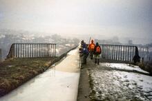 Llangollen Canal. Breaking the ice on the frozen Pontcysyllte aqueduct. 17 January 1982