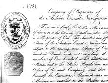 Andover Canal. Share Certificate with Company Seal of 1789