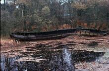 Derelict boat in Great Bottom Flash, Ash Vale. March 1979