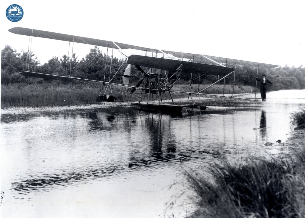 Colonel Cody with his float plane on the canal at Aldershot. 1913