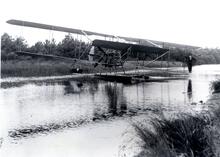 Colonel Cody with his float plane on the canal at Aldershot. 1913