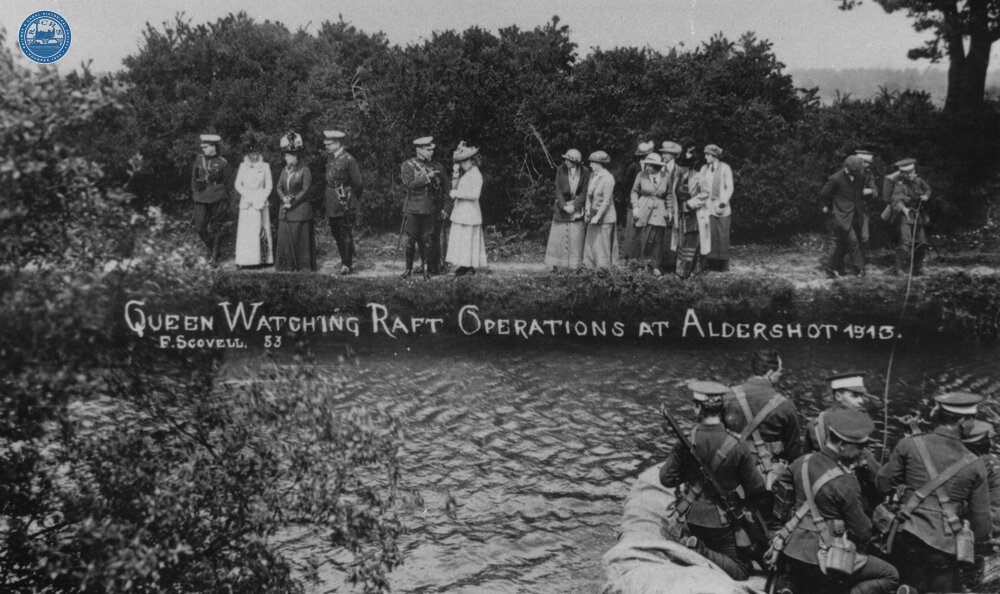 Queen Mary watching rafting at Aldershot. 1913