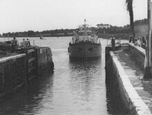 Sludge Boat,'Countess Wear' entering Turf Lock. August 1980