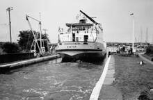 Sludge Boat, 'Countess Wear' exiting Turf Lock. Ca 1980