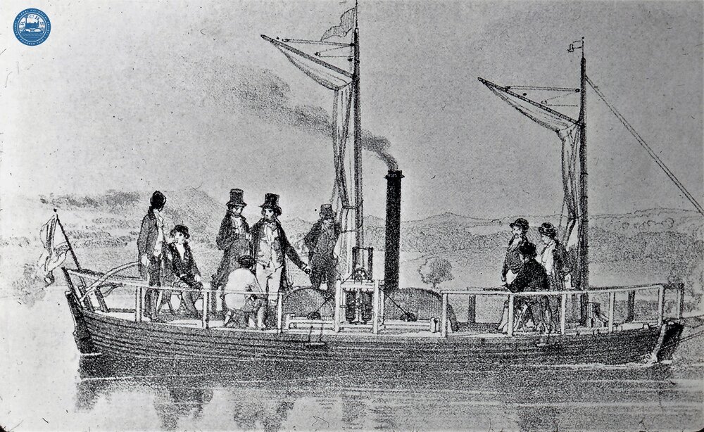 Patrick Miller’s first steam boat 1788 - double hull & internal paddle wheels on trial with poet Robert Burns on board. (From Steam on Canals Sub-Collection) 