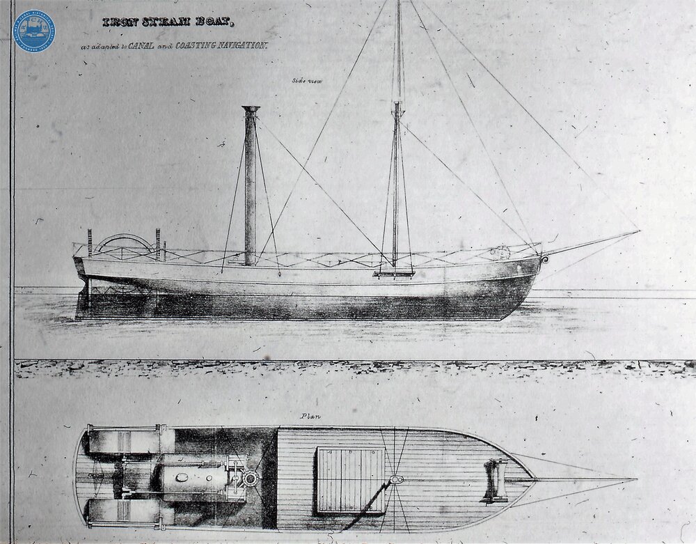 Plan and side view of Iron Steam Boat with  twin stern paddles adapted for use on Forth & Clyde an adjoining coastal waters. 1831 (From Steam on Canals Sub-Collection) 