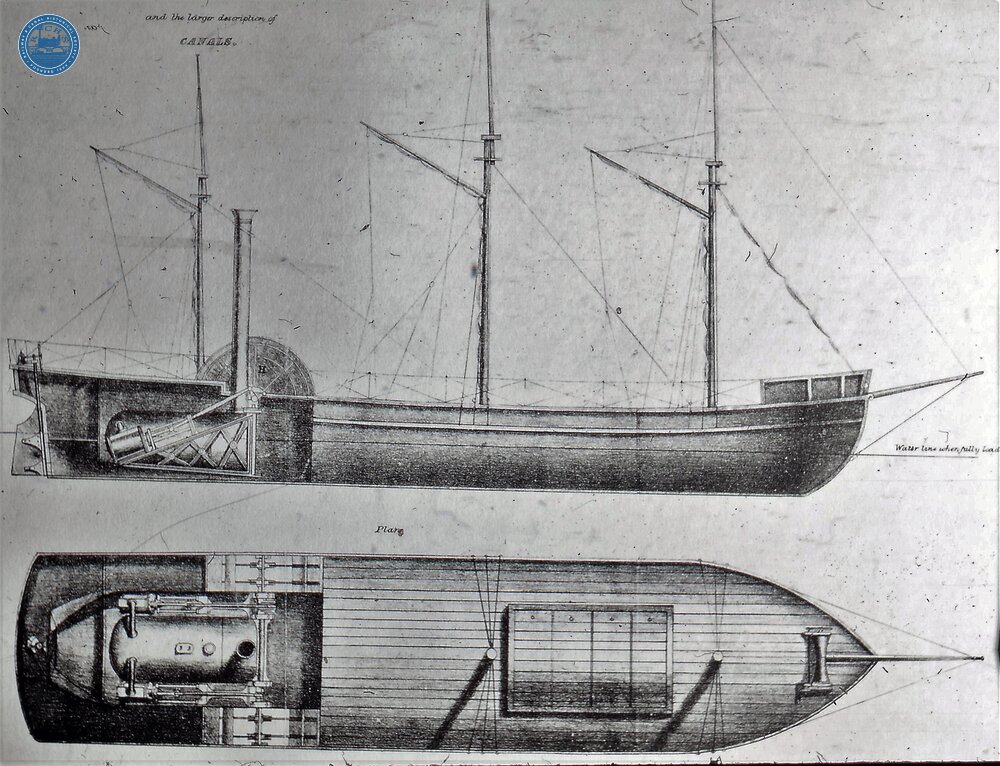 Plan and side view of Steam boat for sea voyages, navigable rivers and larger canals. Diagonal twin engines & twin side paddles. 1831. (From Steam on Canals Sub-Collection)