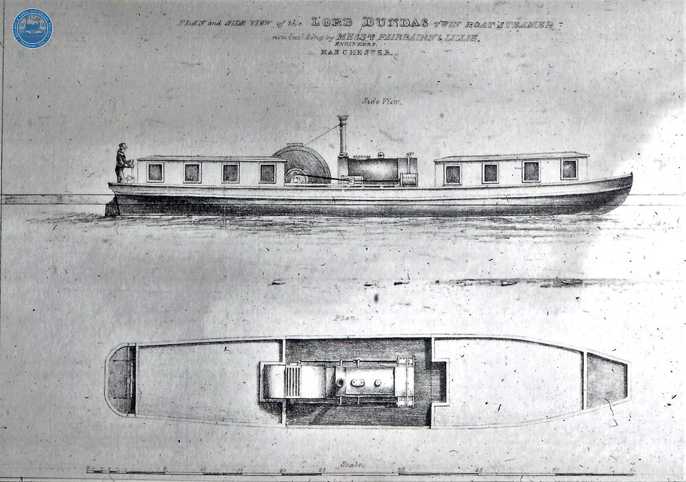 Plan and side view of Lord Dundas iron twin boat steamer  built by Fairbairn and Lillie of Manchester. 1831 (From Steam on Canals Sub-Collection) 