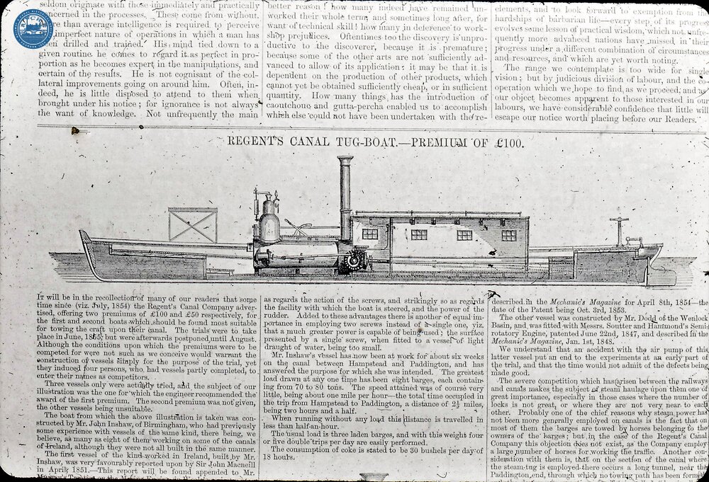(From Steam on Canals Sub-Collection) Inshaw's tug, built in Birmingham for Regent's Canal Co. 1855