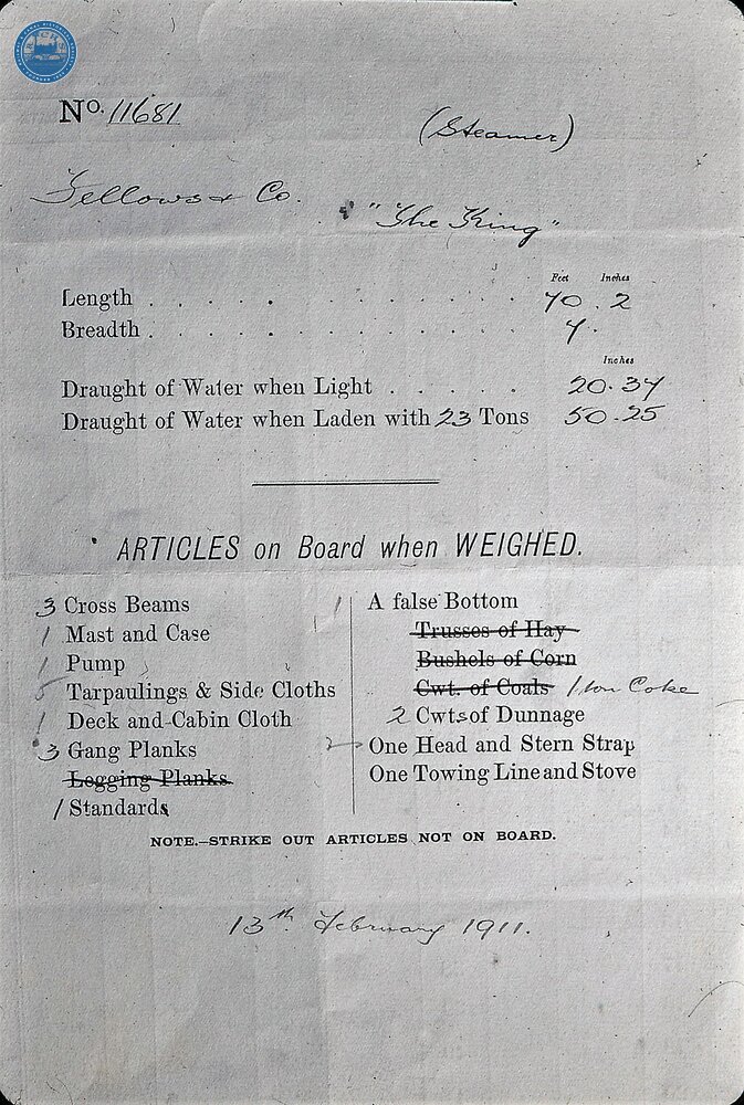  Entry in Oxford Canal gauge book for Fellows, Morton & Clayton The King after conversion to motor. (From Steam on Canals Sub-Collection)