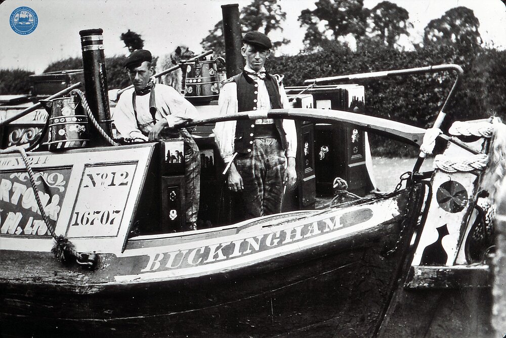 Fellows, Morton & Clayton steamer Phoenix behind butty Buckingham, at gauging Lock 9 Long  Buckby, Grand Junction Canal (From Steam on Canals Sub-Collection)