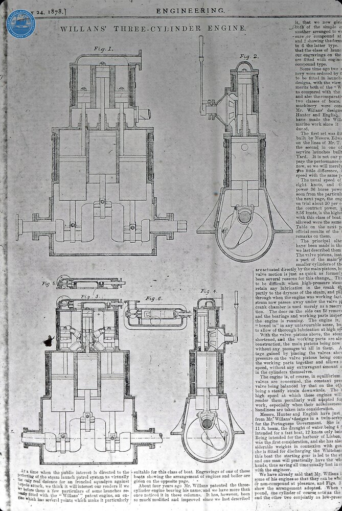 Copy of page from "Engineer" 24th May 1878 featuting Willians' 3- Cylinder  patented steam engine  as used in "Black Angel" 1876 (From Steam on Canals Sub-Collection) 
