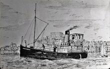 Scottish puffer “Auld Reekie” at Oban sketched by Harley Miller