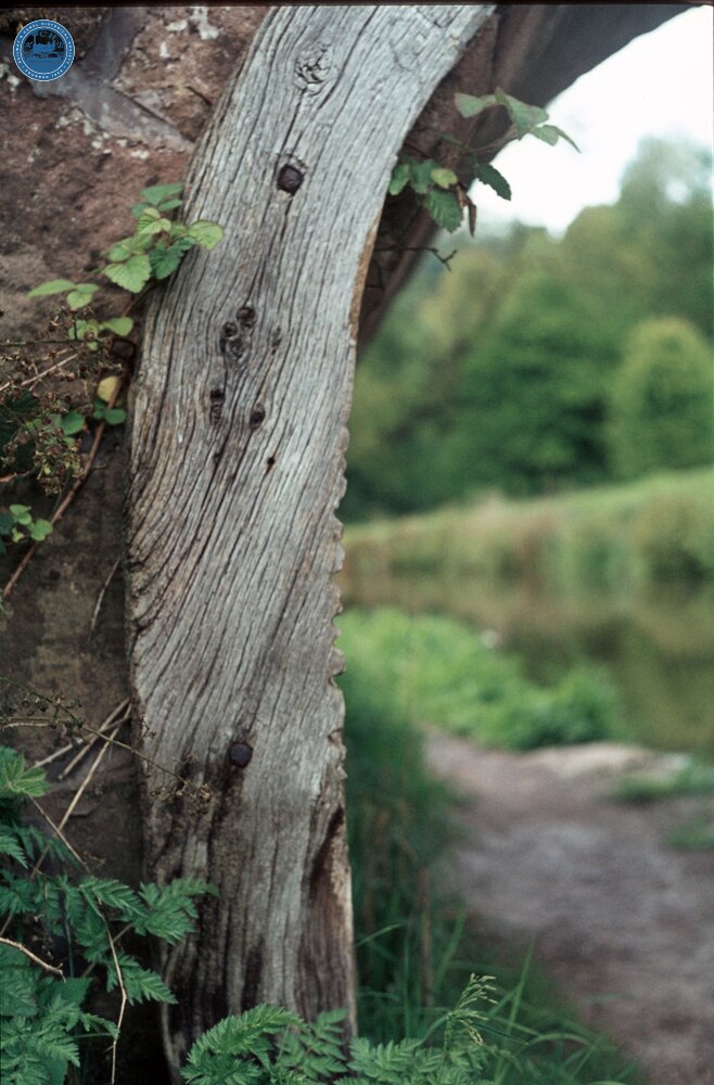 Caldon Canal. Wooden rubbing plate, Cherry Eye Bridge. May 1975