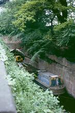 Narrow boat CHILTERN at Armitage during shoring of tunnel roof, Trent & Mersey Canal, June 1965