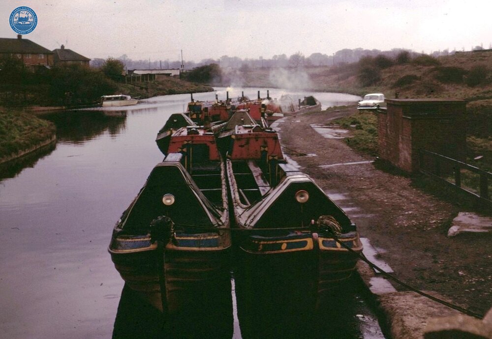 BW NW fleet narrowboats at Anderton, above lift, Trent and Mersey Canal, June 1965
